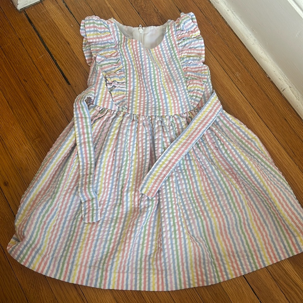 Bonnie Jean ruffle rainbow seersucker dress, tie back 2T
